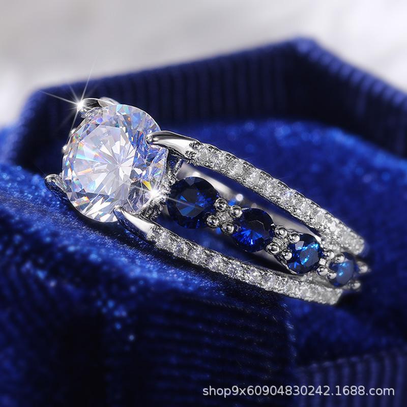 New Jewelry, Creative Hollowed-out Royal Blue Zircon Ring Women's Luxury Engagement Jewelry Straight