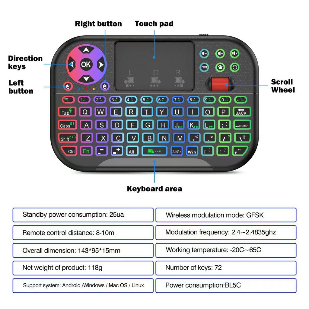 M2 Multi-Mode Mini Keyboard with Touchpad Roller: 7-Color Backlit Air Mouse Keyboard