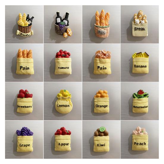 3D Simulated Food Refrigerator Magnet Resin Fruit Bread Fridge Magnet Home Kitchen Office Whiteboard Locker Magnetic Decoration