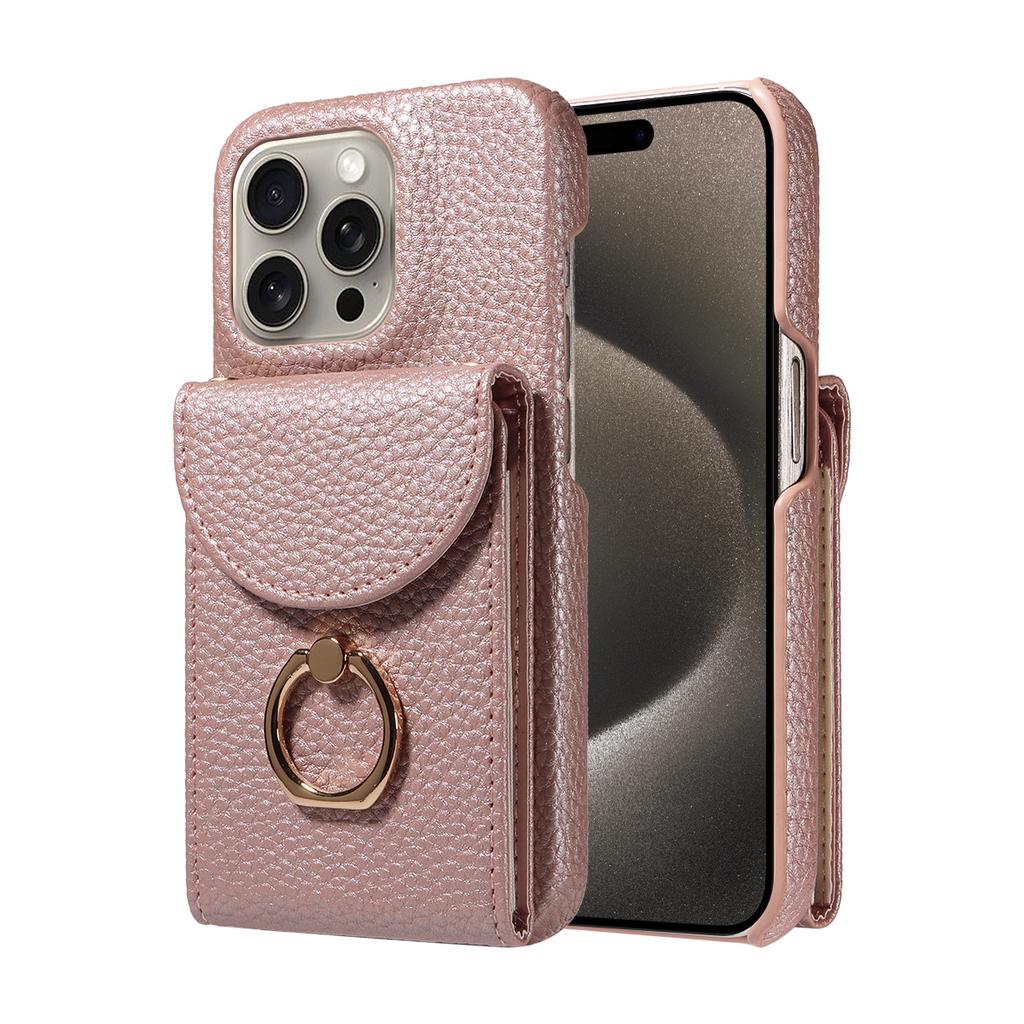 Litchi Texture Wallet Case for iPhone 16 Pro Max/15 Plus, Rugged Shockproof Cover with Card Holder & Ring Kickstand, Heavy Duty Protective Case