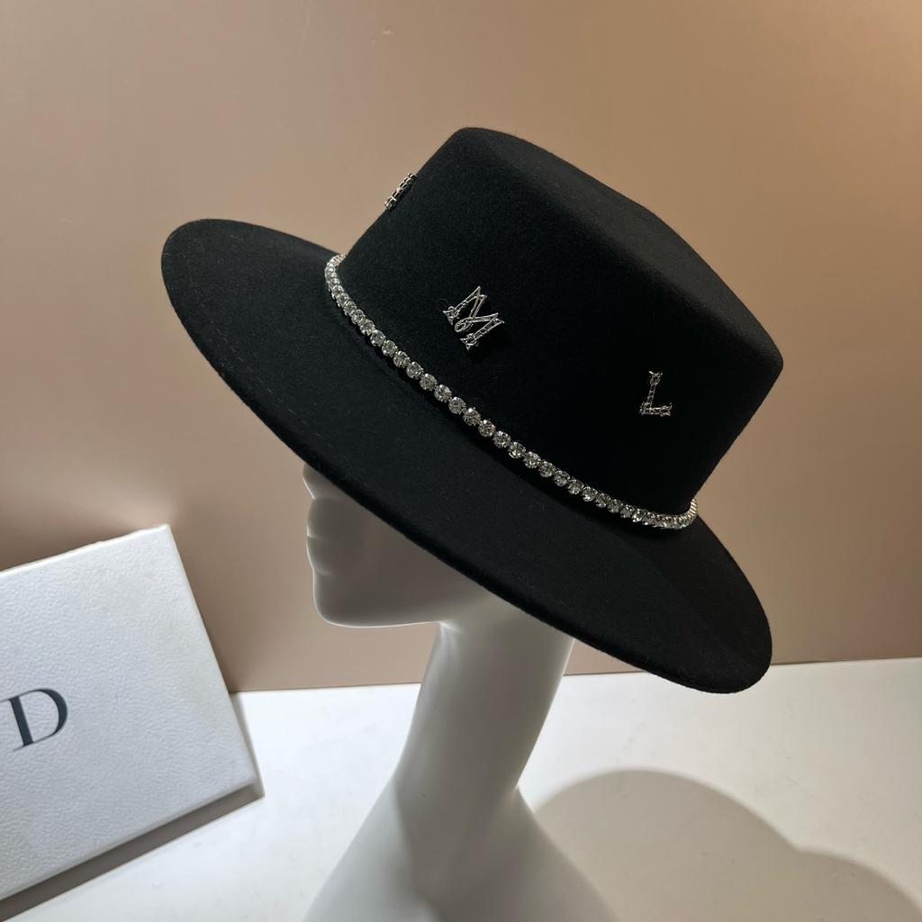 French Hepburn Pure Wool Rhinestone Top Hat Autumn And Winter New Light Luxury Celebrity Style Elegant Letter Wide Brim Flat Top Hat Women