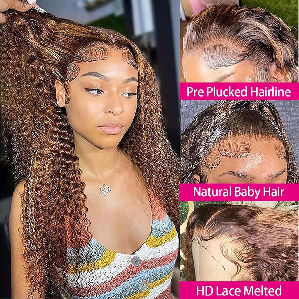 30 Inch Highlight Ombre Lace Front Wig Blonde Curly 13x6 HD Honey Blonde 4/27 Deep Wave Lace Front Wigs Plucked with Baby Hair