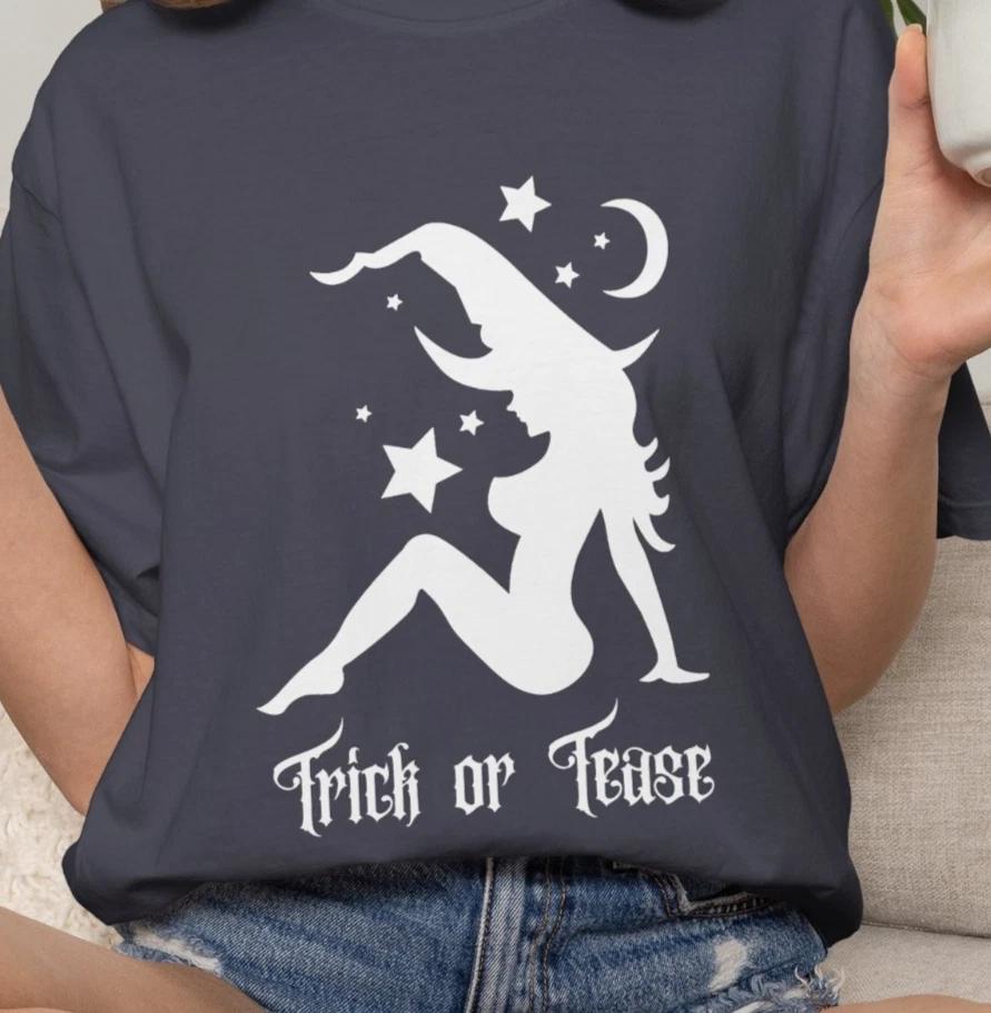 Witch Silhouette Trick or Tease T-shirt | Funny Halloween Tee, Sexy Witch Shirt 3XL