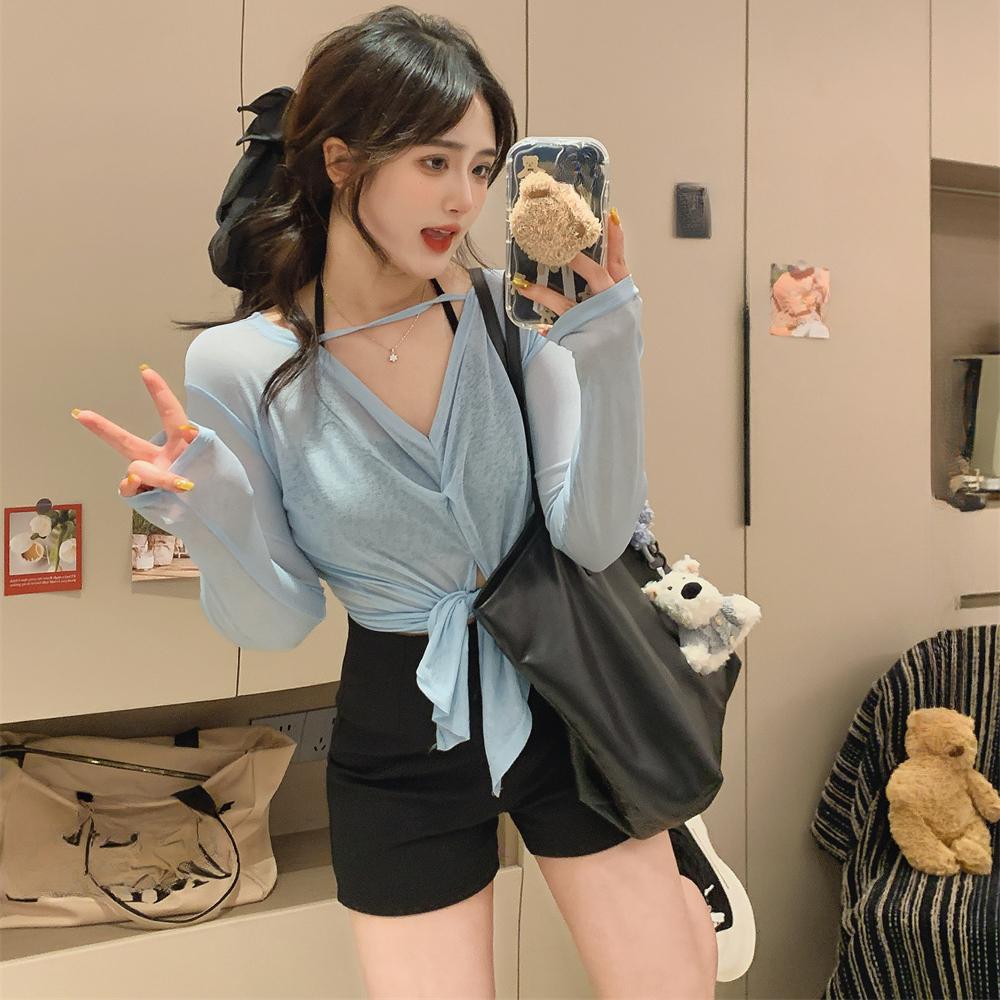 

2025 весна-лето с V-образным вырезом, солнцезащитный крем, тонкие свободные футболки с длинным рукавом, повседневные свободные однотонные футболки с двойным верхом спереди и сзади для женщин one size синий