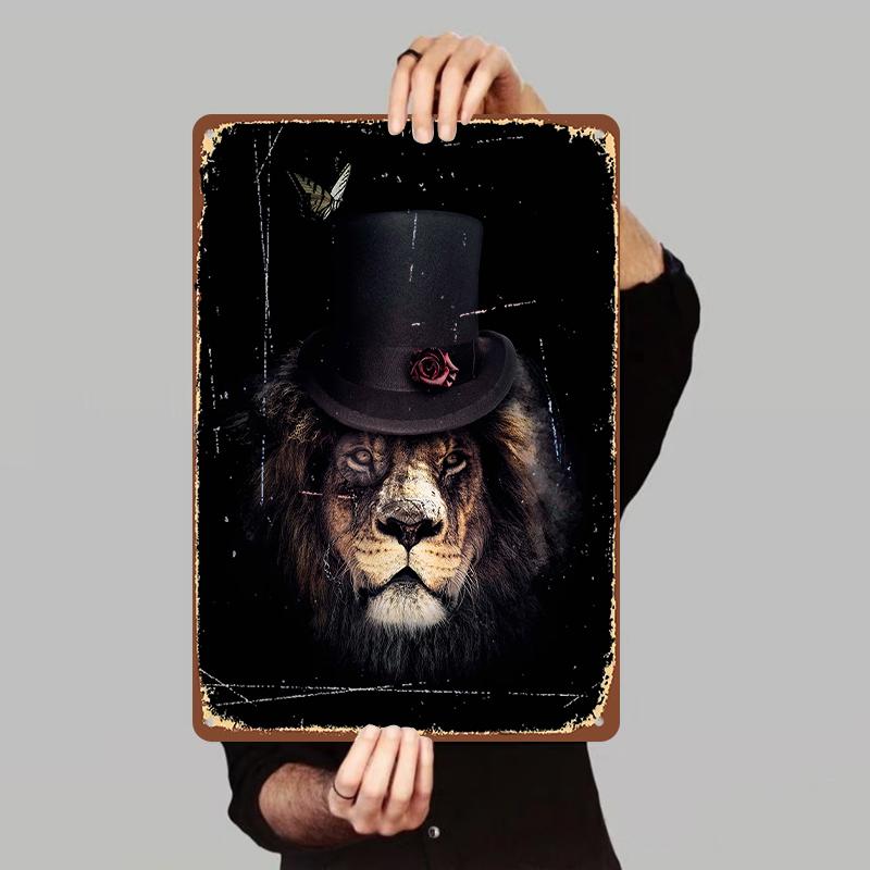 

Gentleman Lion Metal Wall Art Vintage Animal Decorative Hanging for Living Room Study Bar 7.9x11.8In(20x30cm)
