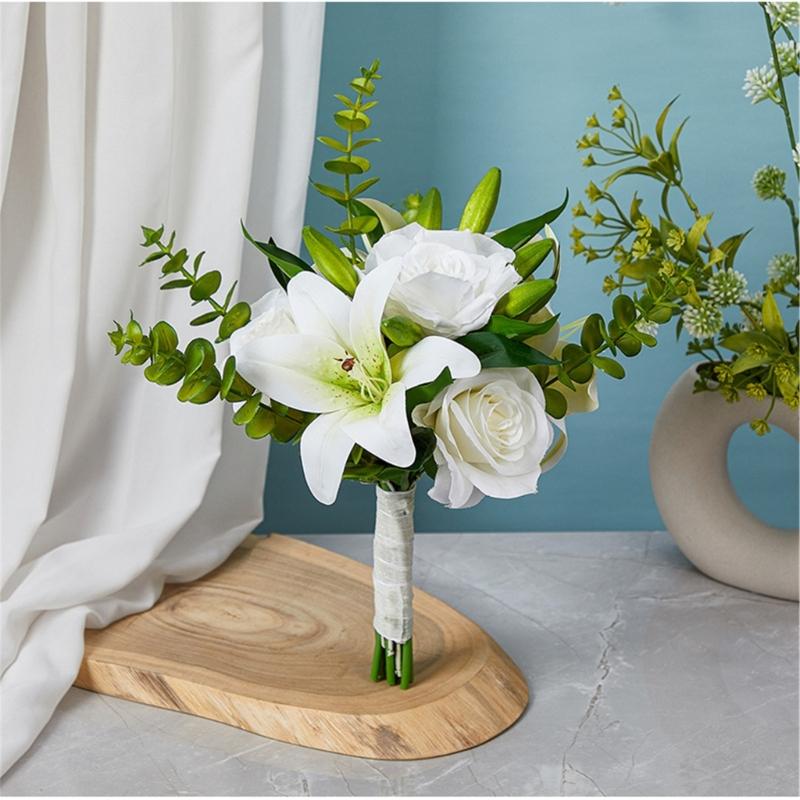 Elegant Flower Bouquet Faux Silky Flowers Stylish White Realistic Rose and Calla Flower Bouquet Set for Event