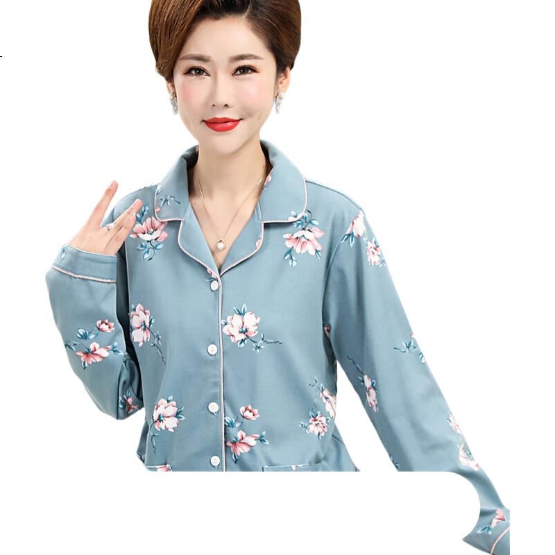 XUEXIMAN Middle-Aged And Elderly Women's Pajamas, Spring And Summer Cotton Blue Printed Loose-Fitting Plus-Size Casual Elderly Home Wear Set