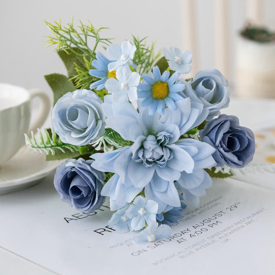 

Artificial Flowers Dahlia Little Roses Combination Wedding Archway Festival Accessories Home Room Yard Decor Photography Props 5 pcs синий