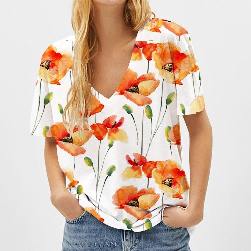 Módní jarní halenky s květinovým potiskem, trička s krátkým rukávem a výstřihem do V, ležérní