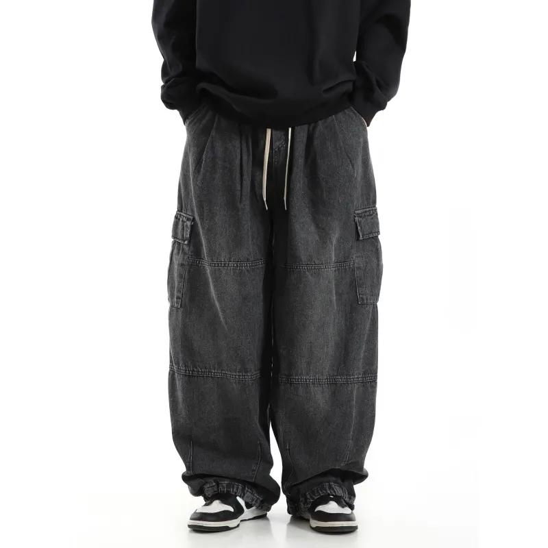 Jeans Cargo Larghi Neri da Uomo Casual Gamba Larga Pantaloni da Jogging Oversize Vintage Dritti Larghi Pantaloni Jeans da Lavoro Morbidi Comodi