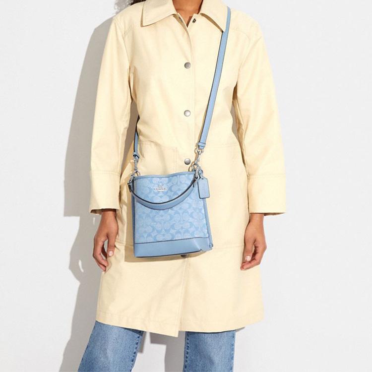 New COACH Mollie Cow Leather With Textile Bucket Bag, Handbag, Shoulder Bag, Crossbody Bag Trumpets Women's Light Blue CH230-SVM6A