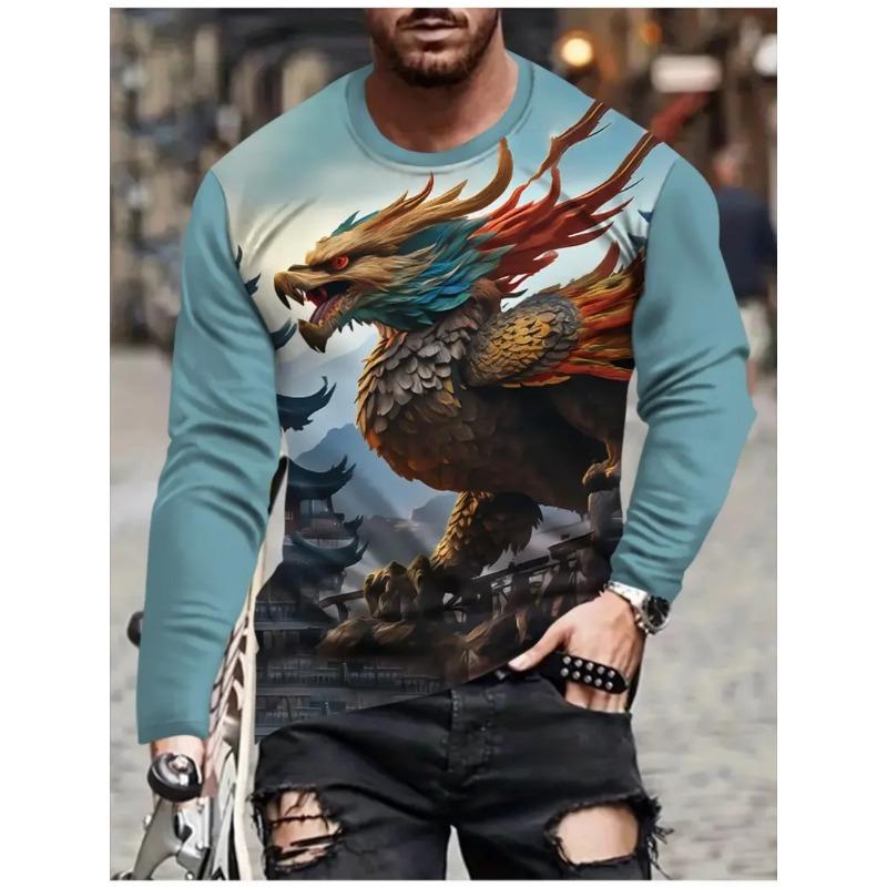 Round Neck 3D Dragon Print T-shirts Casual Short Sleeved Men's T-shirts - Soft Medium Stretch Polyester Fabric Spring and Autumn Relaxed Fit Clothing
