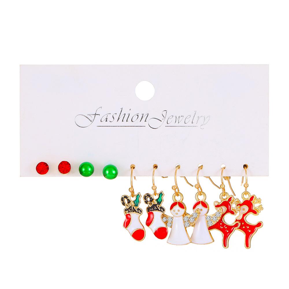 2026 fashion Christmas accessories 5 pairs of card earrings 2025 oil dripping red and green Christmas tree snowman earrings wholesale