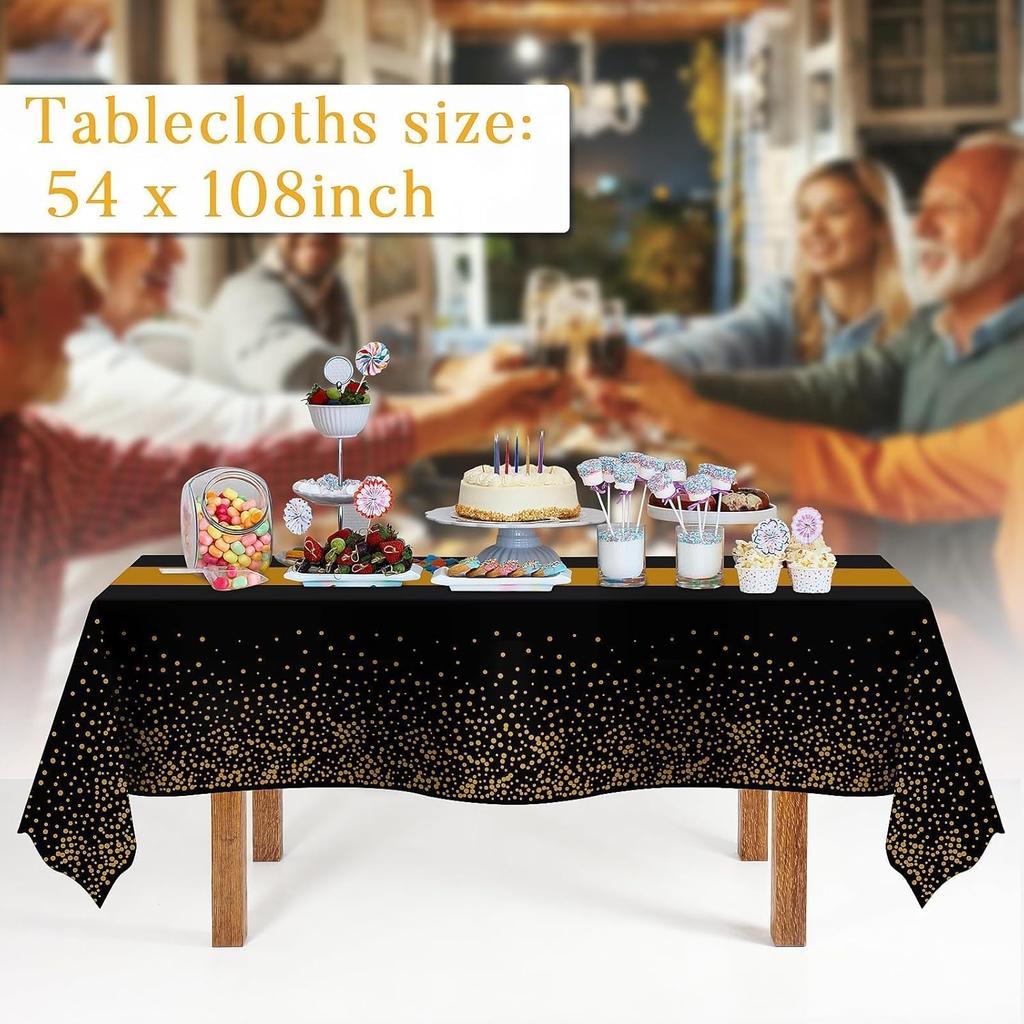 Childom 3 Pack Black and Gold Tablecloths for Events,54"x108" Plastic Table Cloths for Rectangle Tables,Disposable Party Table Covers for New Years