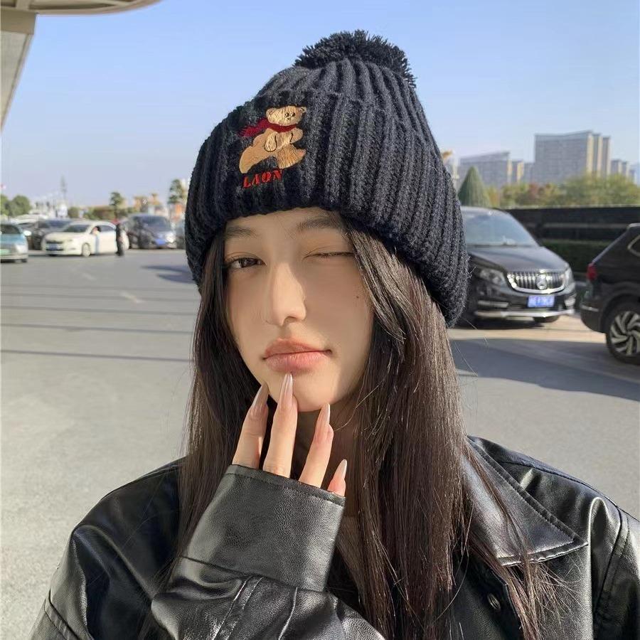 Cute bear embroidered knitted wool hat for children to keep warm in winter, thickened ear protectors, hairball cold hat to show small face
