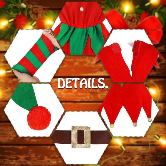 1 Set Christmas Elf Costume Kids Women Elf Outfit Red Green Dress Hat Striped Stockings Elf Ears Shoes Belt Set for Girls Christmas Parties Cosplay