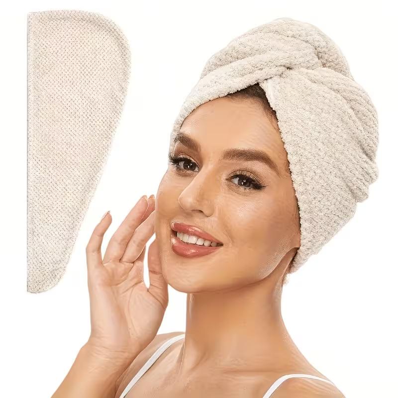 

Microfiber Hair Drying Towel Super Absorbent Hair Turban Quick Dry Anti Frizz Bath Hair Wrap for Women Hair Drying бежевий
