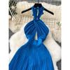 Sanya Seaside Holiday Wear Sexy Open Back Scheming Hollow-out Halter Dress Women's Pleated Long Pleated Skirt