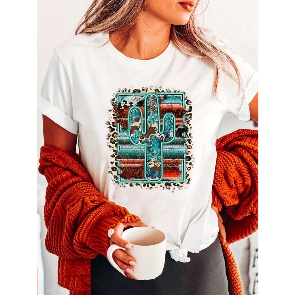 Women's Soft Cactus Leopard Print T-Shirt, Casual Short Sleeve Crew Neck Top with Vibrant Desert Design, Perfect for Spring & Summer