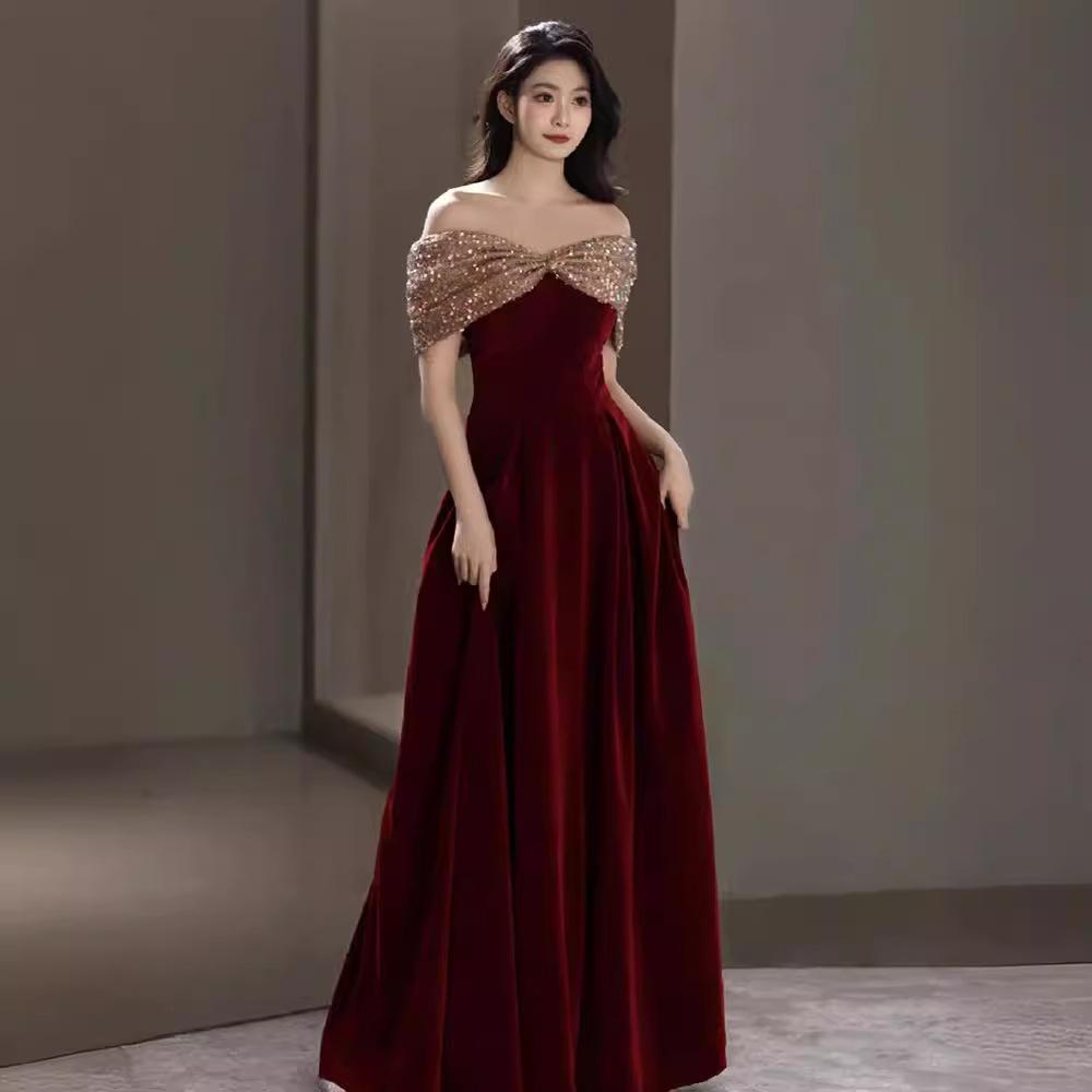 Toast Bridal Burgundy Shoulder Tube Top Evening Dress Women's Wedding Return French Engagement Dress Long