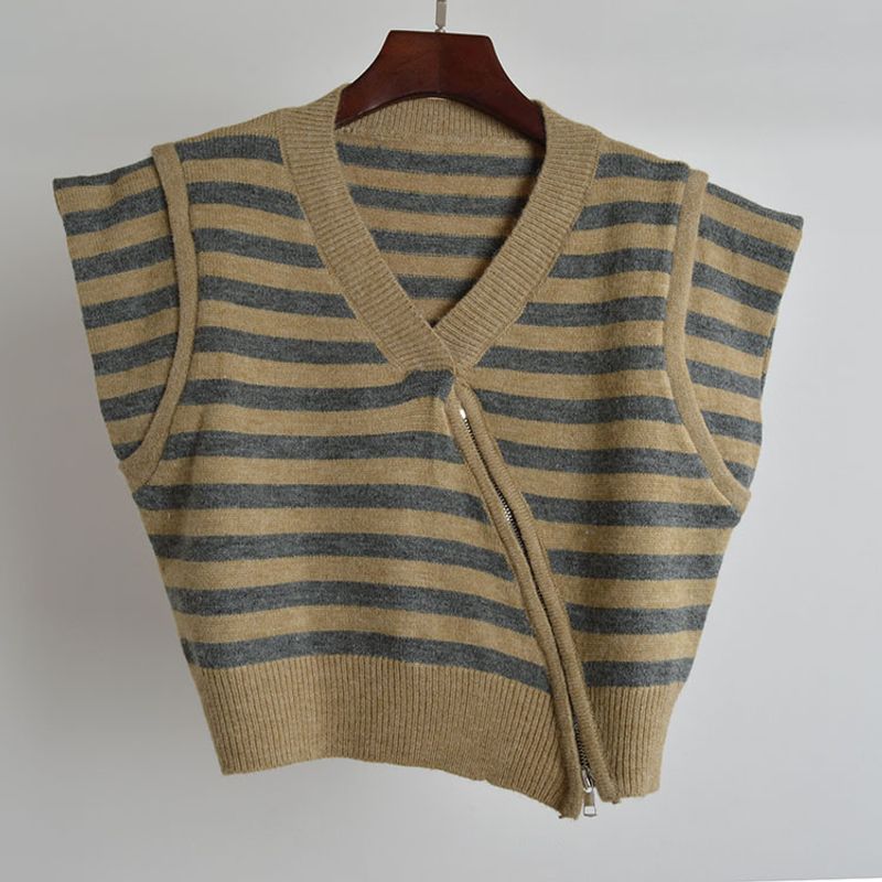 Fall New Arrival Contrast Color Stripes V Neck Oblique Open Double-Headed Zipper Vest Sweater Women's Clothing Fashion Versatile Top