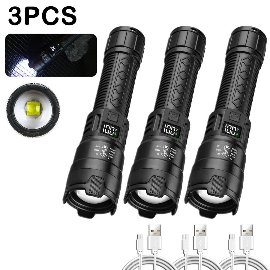 Super Bright 2000LM LED Flashlight USB Rechargeable Zoom Tactical Torch with Power Display Camping Fishing Emergency Lantern