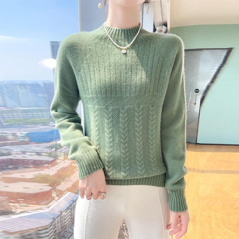 Women's 100% Pure Wool Thick High-Neck Cable Knit Sweater
