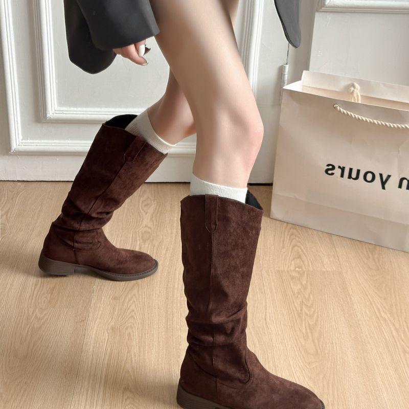Damskor Mocka Vintage Rynkade Höga Stövelskaft - Wasteland-stil, Mångsidiga Staplade Långskaftade Stövlar för Vår och Höst 2025