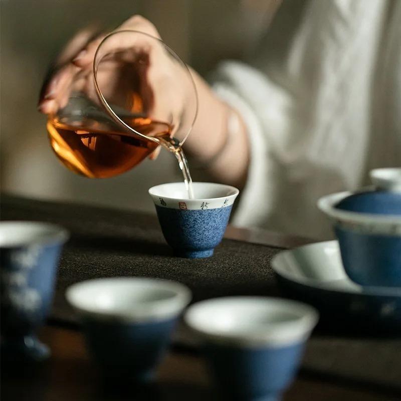 1pcs Vintage Blue Ceramic Chinese Calligraphy Tea Cup Handmade Kung Fu Tea Cup Elegant Tea Ceremony Accessories