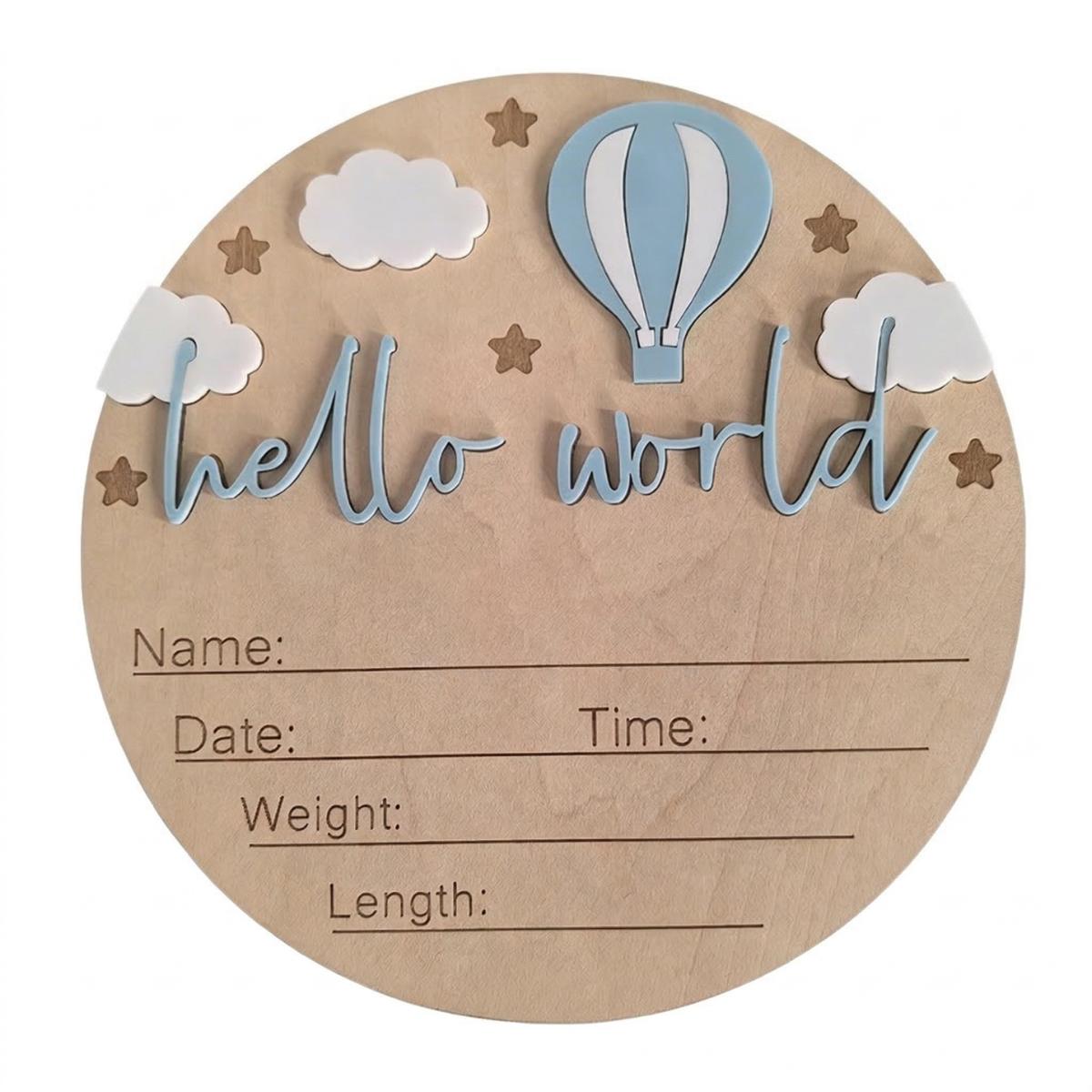 

15Cm Round 3D Natural Wood With Raised Acrylic Lettering Hello World Birth Announcement Plaque, Photo Prop