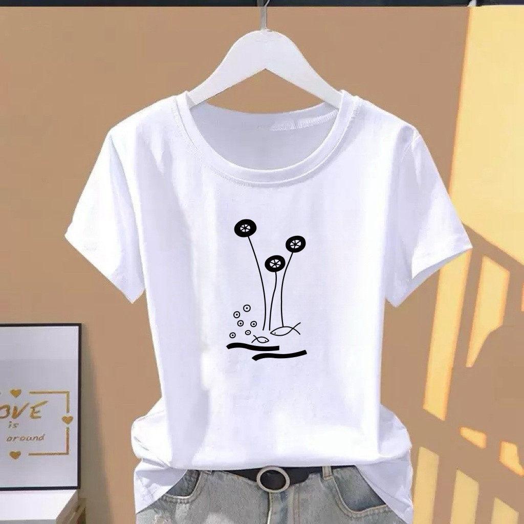 High-End Korean Casual Printed Short-Sleeve Women s Summer Loose Round Neck T-Shirt — Stylish Fashionable Mom Wear S