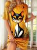 2026 Short Sleeved Round Neck Women's Dress With Cute Cat Pattern Print Loose Casual  Fashionable Home Dresses