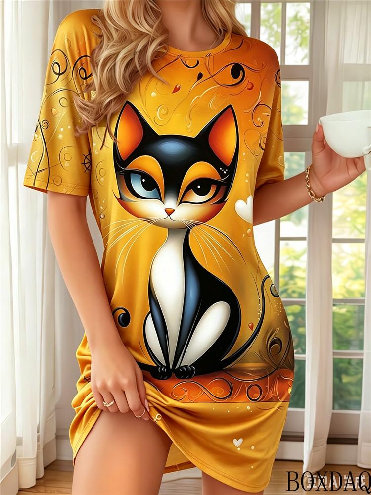 2026 Short Sleeved Round Neck Women's Dress With Cute Cat Pattern Print Loose Casual Fashionable Home Dresses