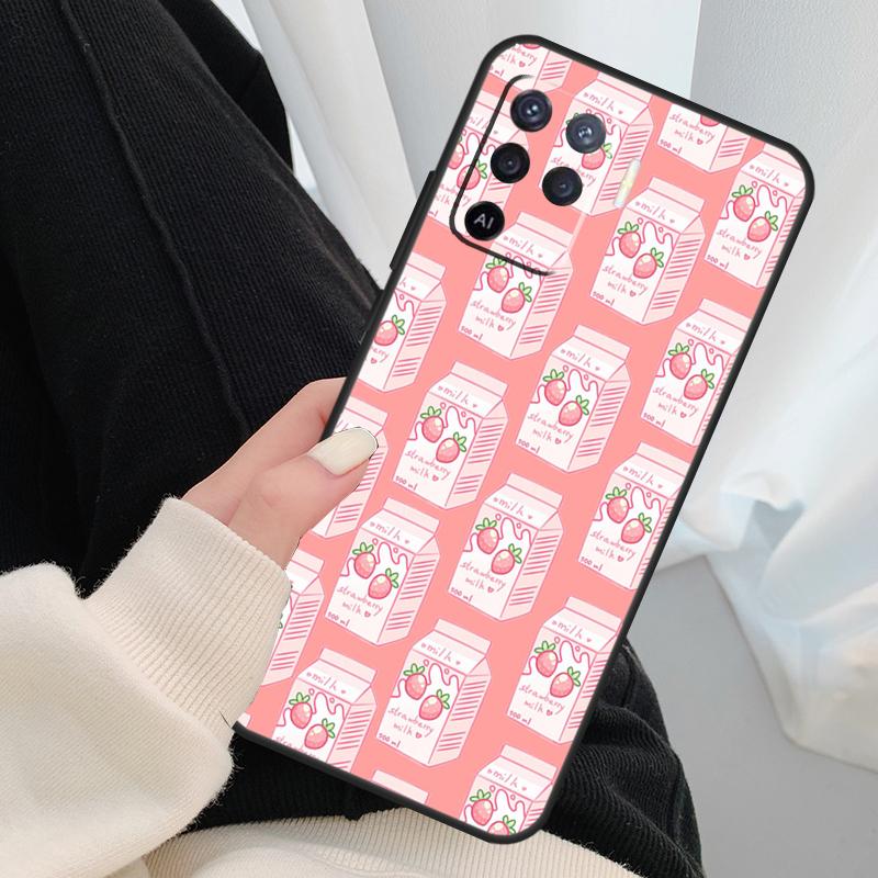 Kawaii Strawberry Milk Case For Oppo A18 A38 A58 A78 A98 A80 A60 A40 A96 A76 A16 A94 A74 A54 A15 A17 A57 A77 A5 Pro