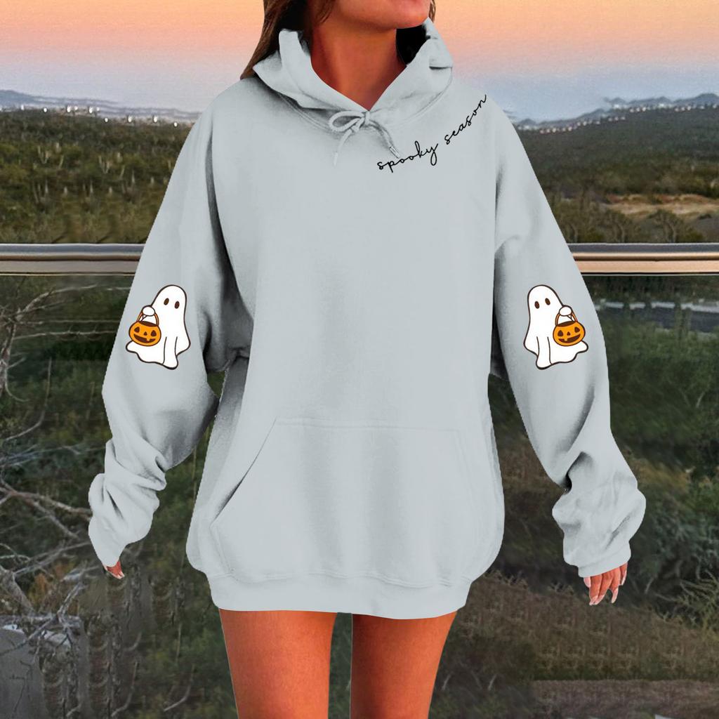 Women's Solid Color Long Sleeve Casual Halloween Print Pullover Hooded Sweatshirt