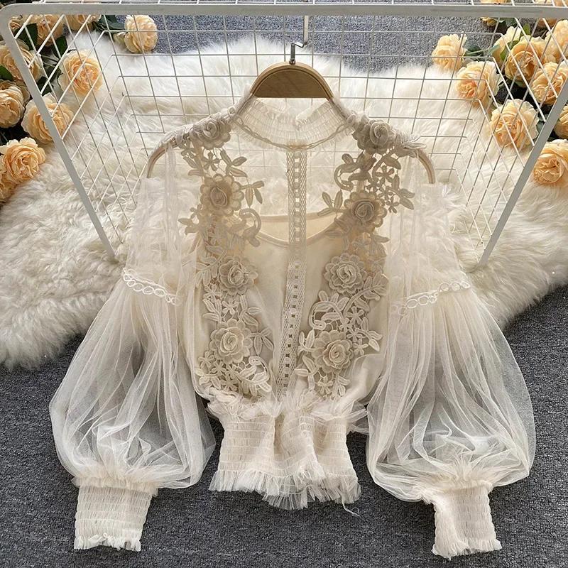 Spitze Puff Langarm Bluse Vintage-Mode Blusen Elegante Femme Blusas Koreanische Frau Tops Frauen Shirts Kleidung Dropshipping
