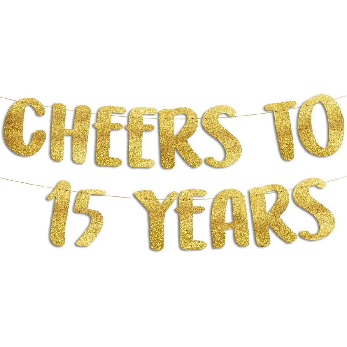 Cheers to 15 Years Gold Glitter Banner - 15th Anniversary and Birthday Party Decorations