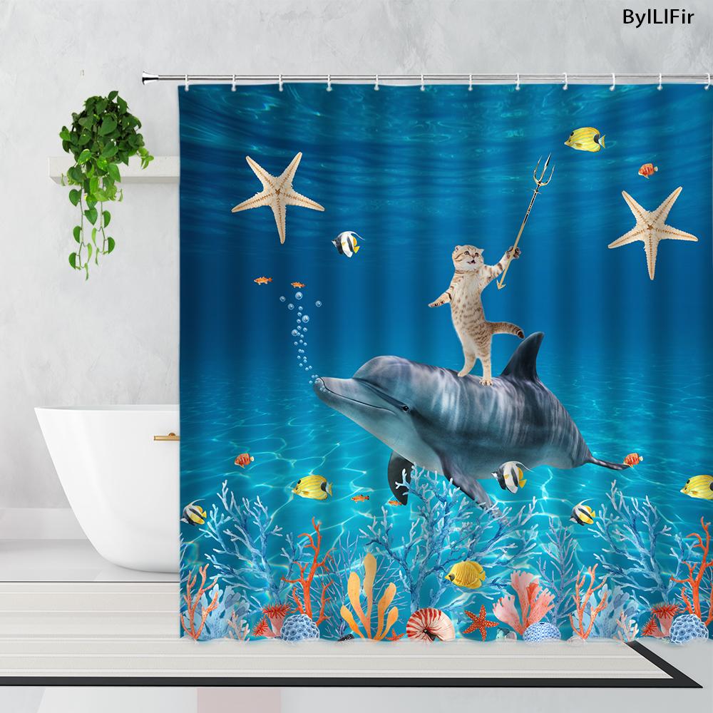 Cartoon Cute Animal Shower Curtain Cat Dog Anime Printed Bathroom Decor 3D Waterproof Bath Fabric Home Curtains For Children