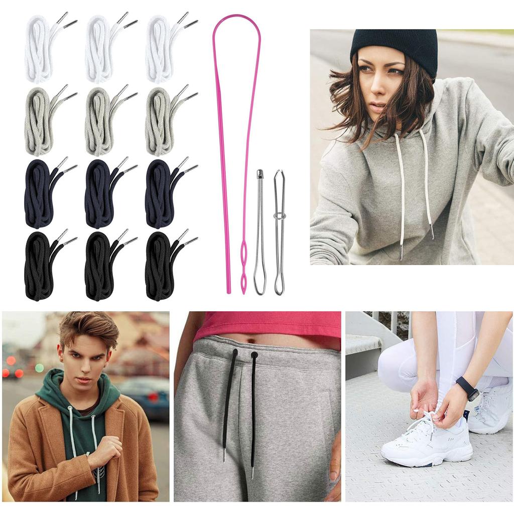 12pcs Adjustable Drawstring Cord Replacement Kits With Easy to Use Threader Tool For Athletic Wear Hoodie Repair Work