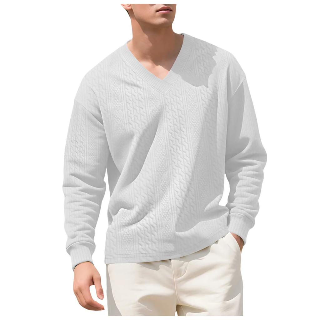 Spring Autumn Soild Color Jacquard V Neck Sweatshirt Knit Pullover Men's Casual Sweatshirts Long Sleeved Tops Sportwear