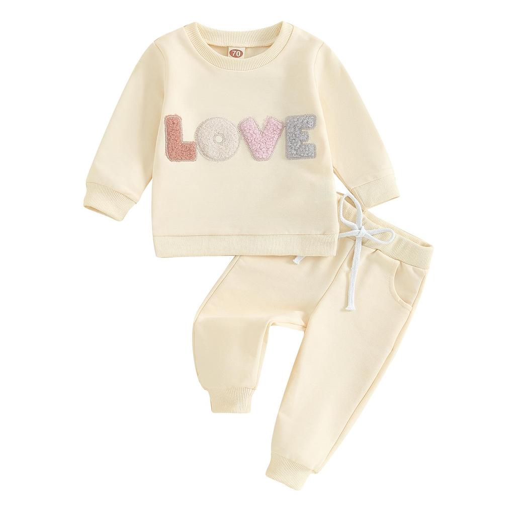 Baby 2 Piece Cute Outfit Plush Letter Embroidery Long Sleeve Sweatshirt and Elastic Pants Set for Infant Fall Clothes