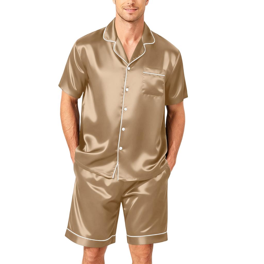 Men's Short Sleeve Pajama Set Button Down Shirt with Curved Hem and Matching Shorts Soft Lightweight Lounge Sleepwear S-XXXXL