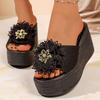 Women's Black Big Flower Chunky Platform Slippers Summer Thick Sole Wedge Sandals Woman 43 Non-slip Beach Shoes
