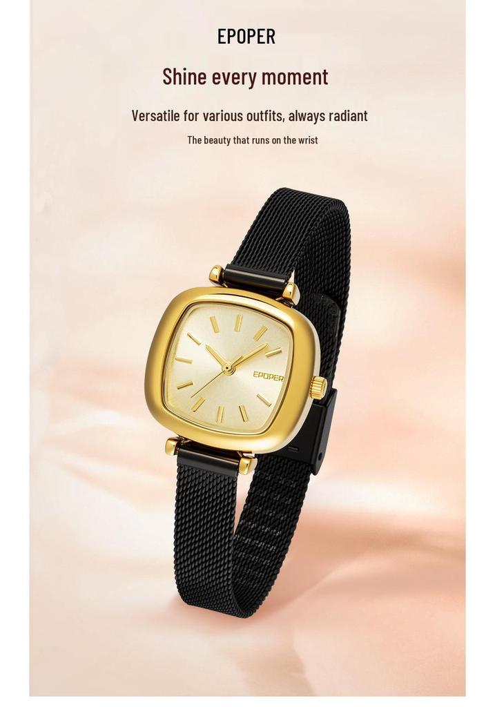 Sleek Black Gold Small Square Quartz Watch, Versatile Steel Band, Waterproof Casual Design