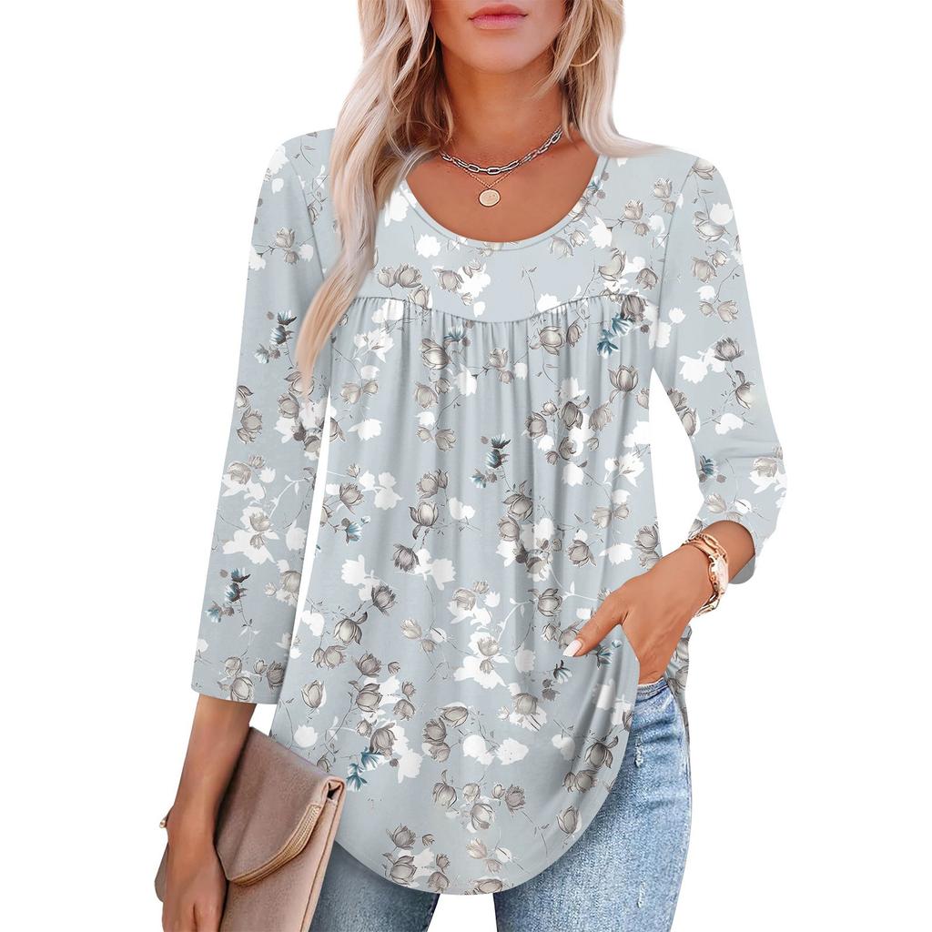 Women's Fashion Seven Sleeve Top Round Neck Pleated Casual Printed Top