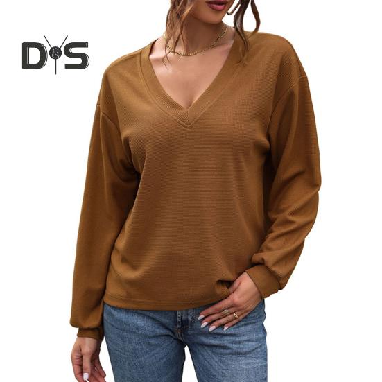

Женская футболка с V-образным вырезом и длинным рукавом, однотонная свободная футболка, мягкий эластичный пуловер, топы на каждый день S коричневый