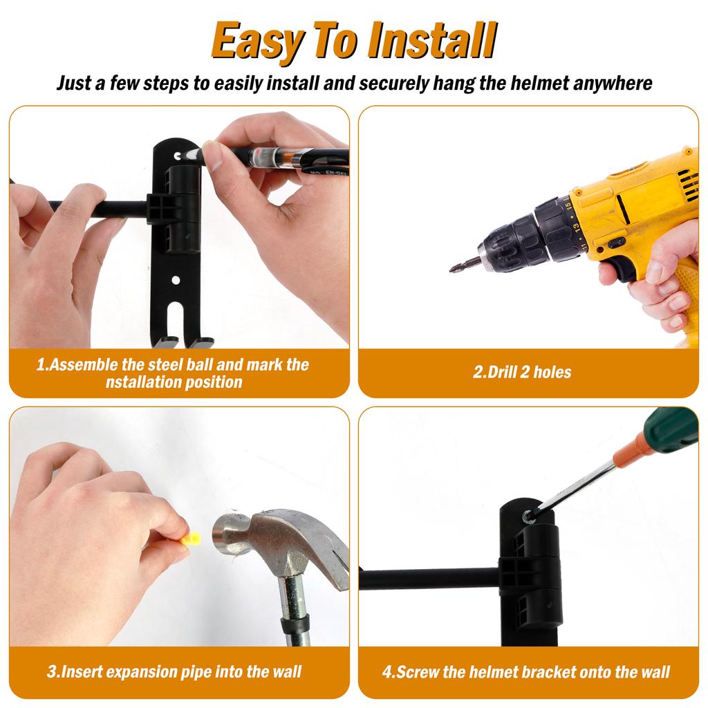 Motorcycle Helmet Holder Wall Mount Helmet Rack with Double Hook 180 Degree Rotation Metal Motorcycle Helmet Hanger Racks