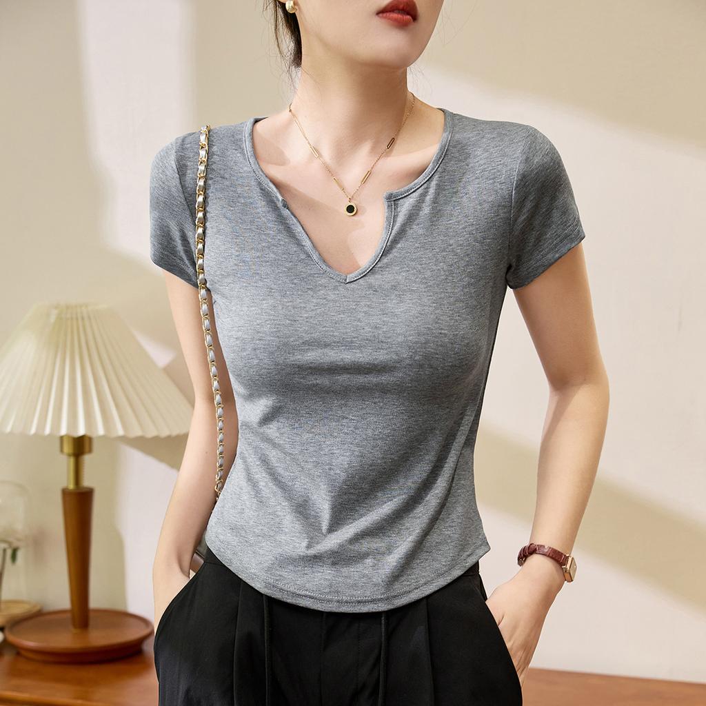 Französisches V-Ausschnitt-T-Shirt für Damen im Sommer, neues Curved Slim Fit Slim Base Shirt