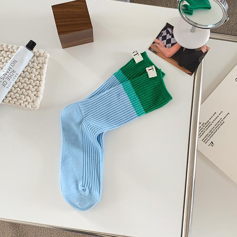Contrast Colored Socks, Women's High Top Pile Up Socks, Korean Version of Spring/summer Cotton Socks