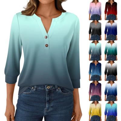 Women's Fashion Casual 3/4 Sleeve T-Shirt Prints V-Neck Button Top